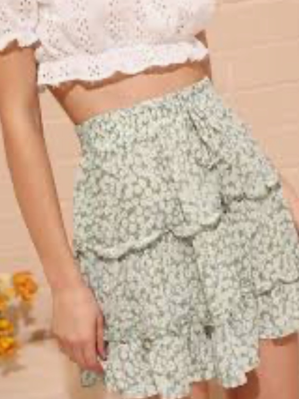 OCEAN DRIVE Tiered Floral Mini Skirt in Light Green!!! M!!! NWT!